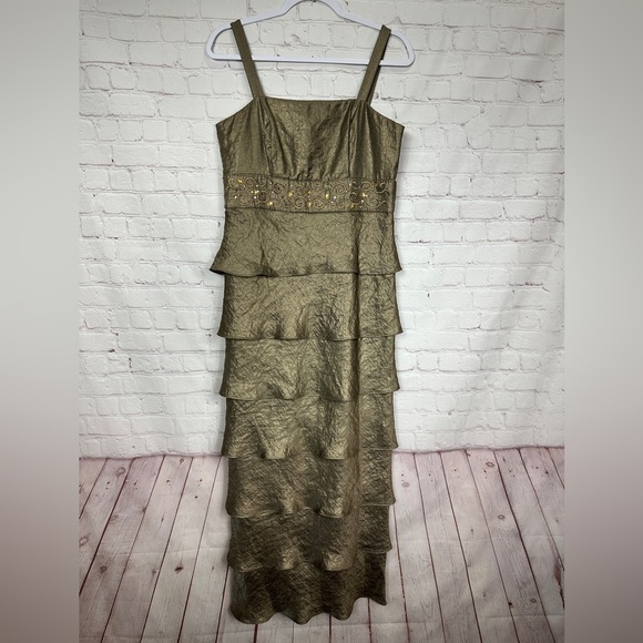 R&M Richards‎ bronze tiered maxi dress jeweled embroidered sleeveless sz 10 GUC - Picture 1 of 6